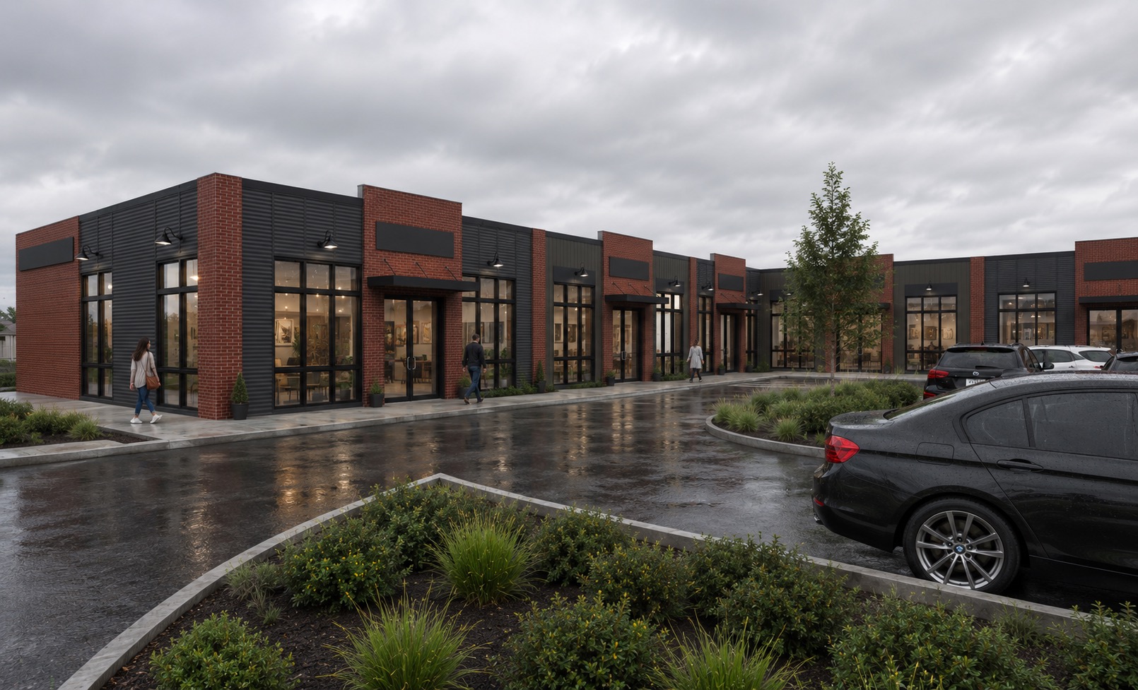 Architectural rendering of Three Hills Crossing commercial plaza